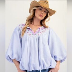 Easel Pastel Lavender BOHO Blouse with Multicolor Embroidery